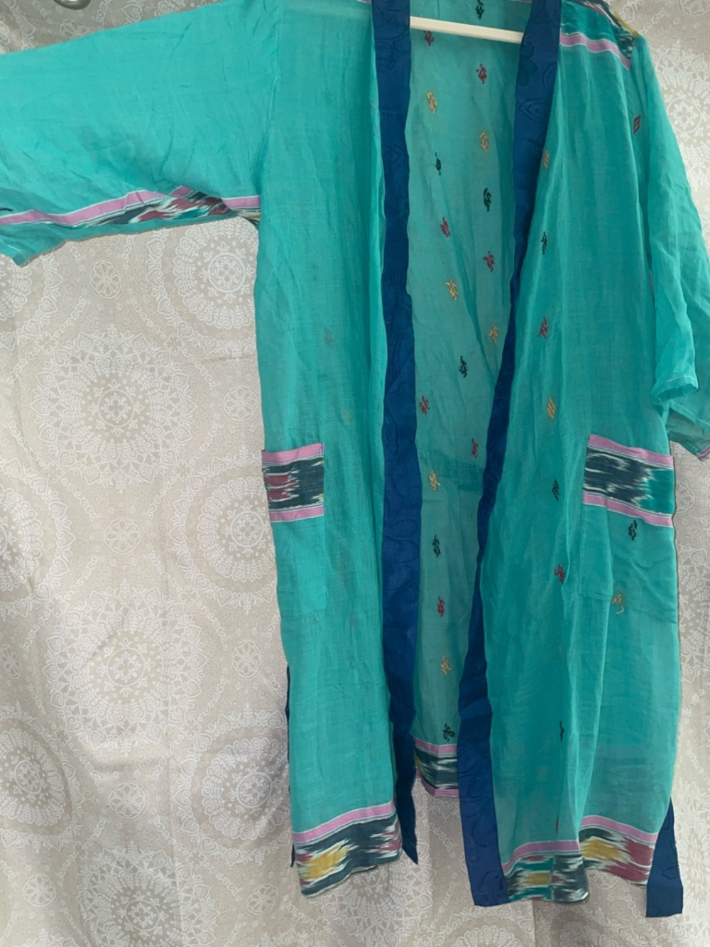 Teal Kimono with Navy Trim with Pockets<3 - Picture 5 of 8